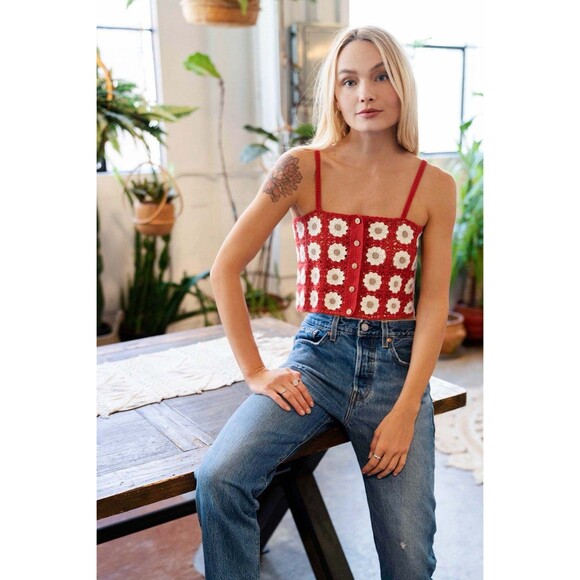 Coco + Jaimeson Women's Crochet Button Front Tank Boho Floral Daisy Size L/XL - Picture 1 of 12